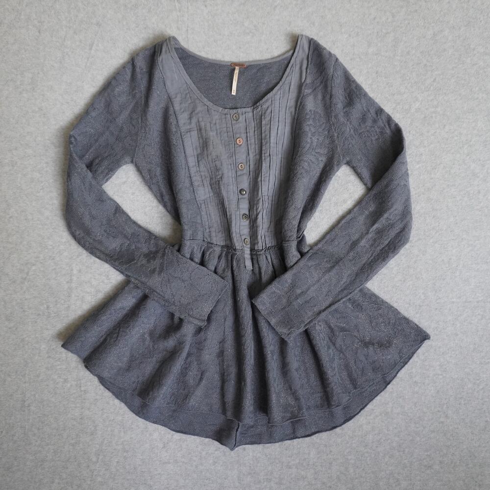 Free People Lace Tunic Top Blue/Gray - Bohemian Babydoll Top